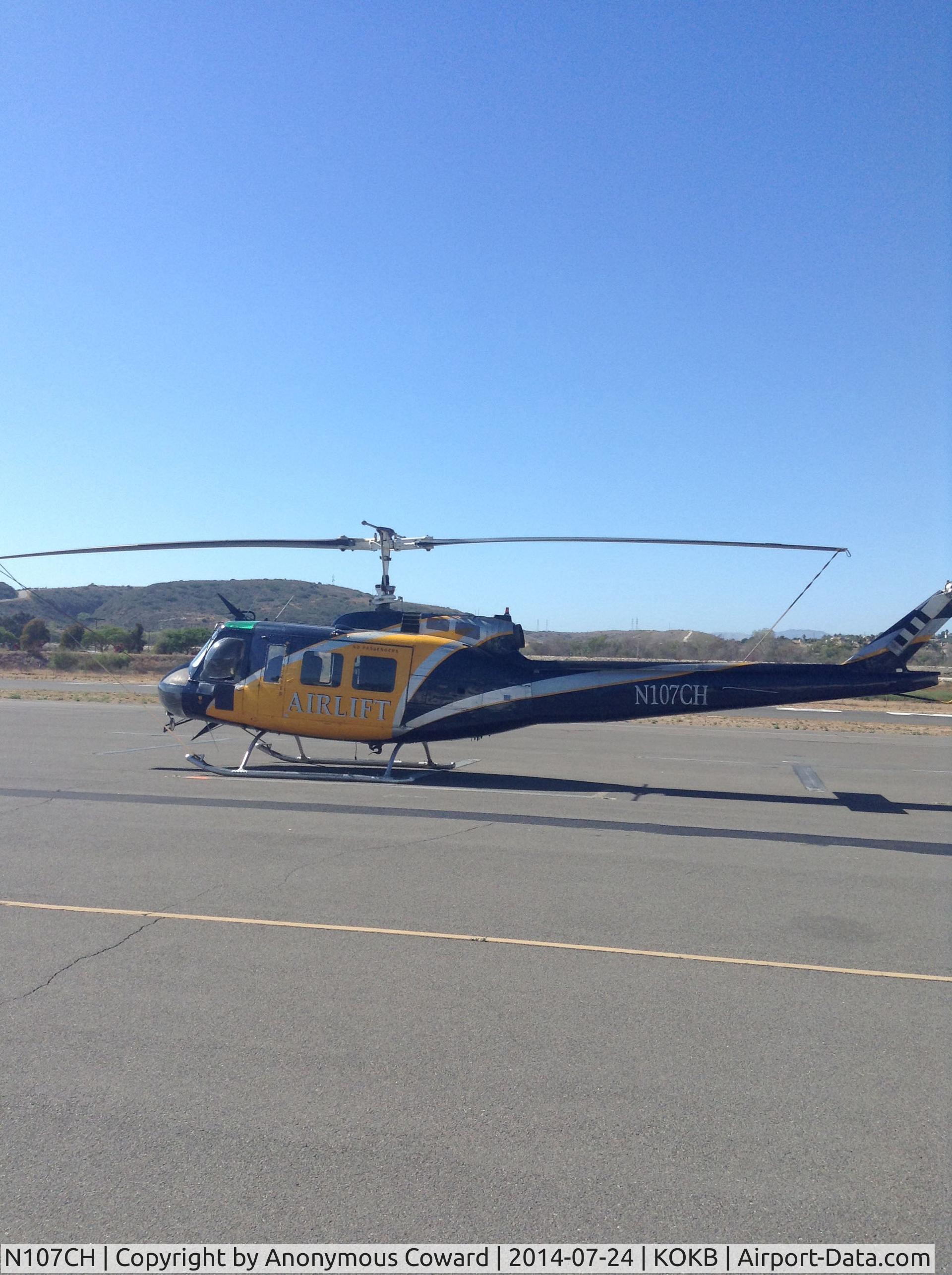 N107CH, 1967 Bell UH-1H Iroquois C/N 9488 (67-17290), This helicopter is now parked at Oceanside Municipal Airport (KOKB), and the owner is in the process of renting a hangar here and relocating the helicopter.