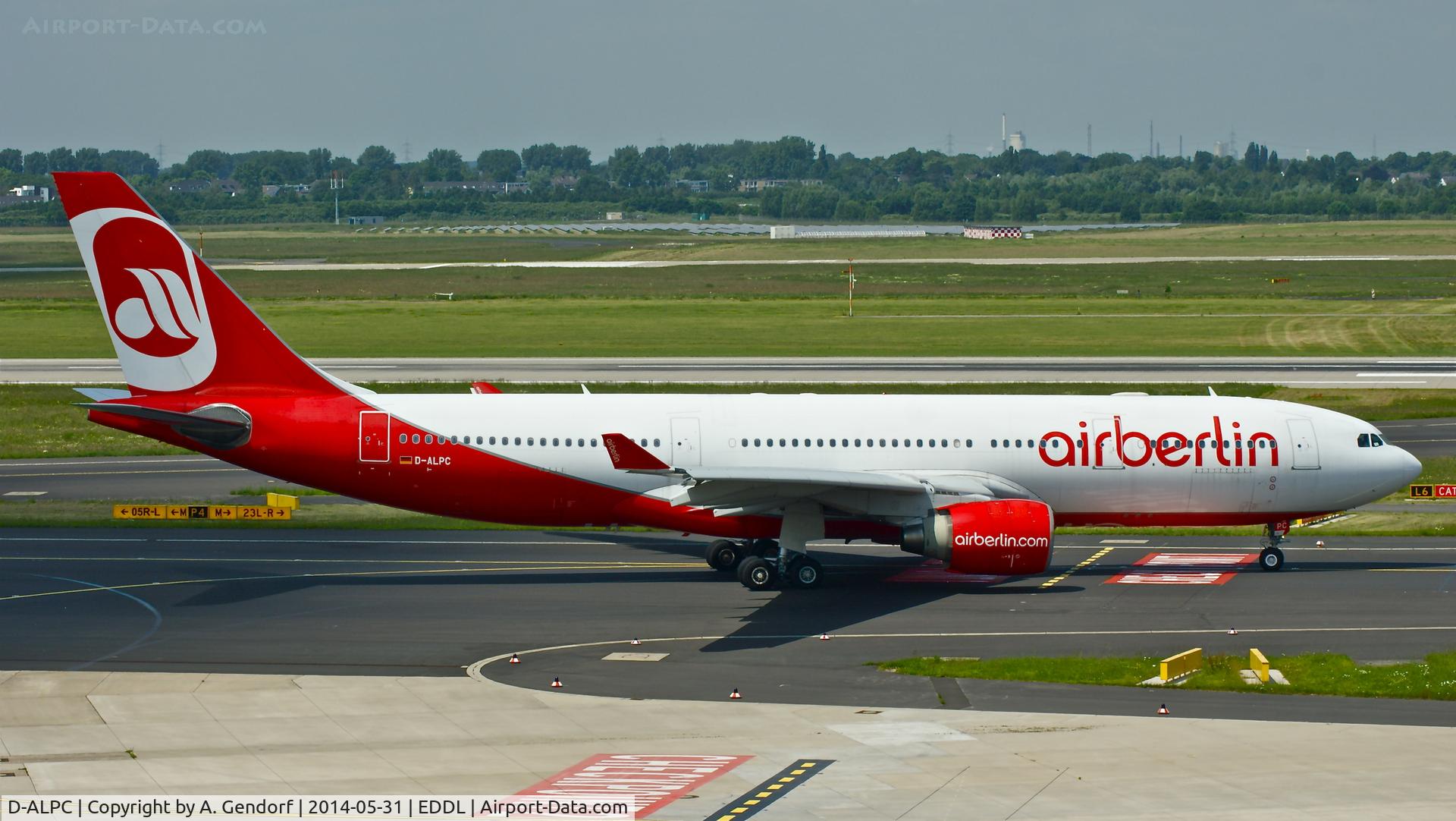 D-ALPC, 2002 Airbus A330-223 C/N 444, Air Berlin, is here taxiing to RWY 23L at Düsseldorf Int'l(EDDL)