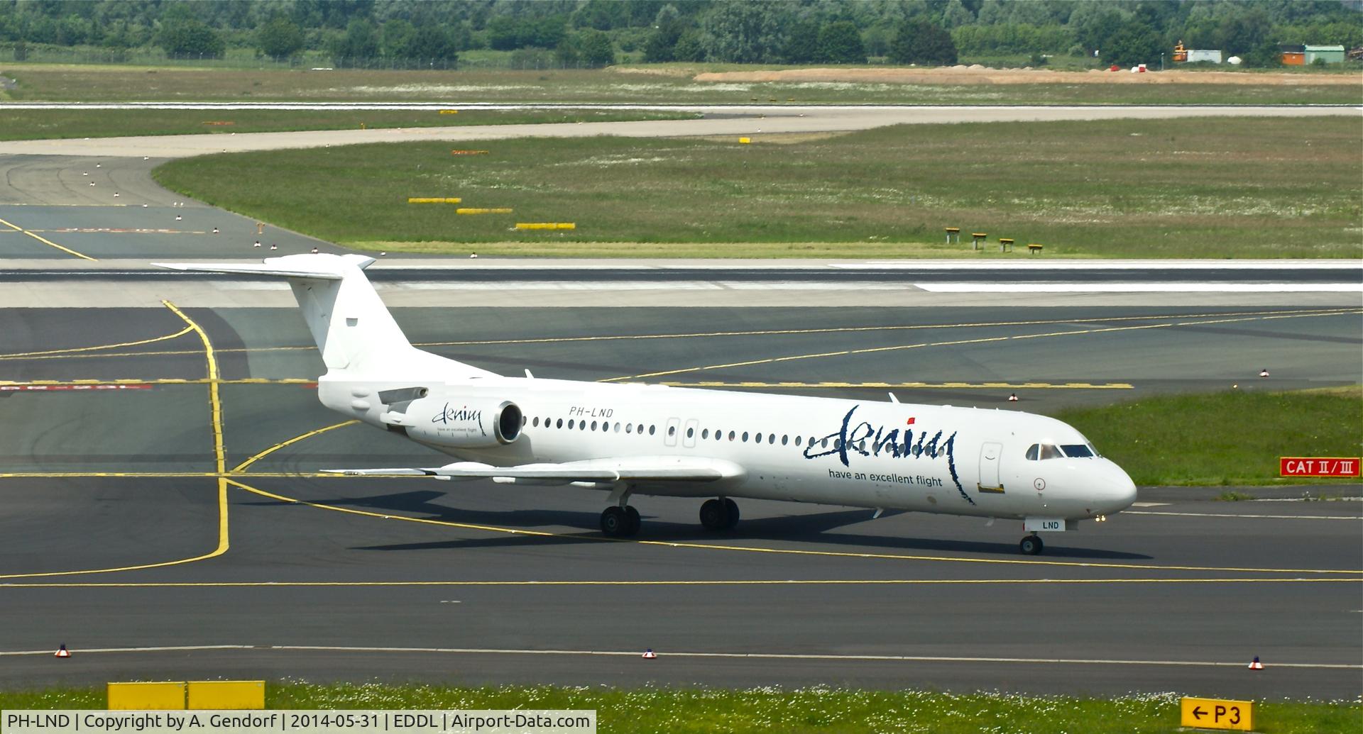 PH-LND, 1990 Fokker 100 (F-28-0100) C/N 11320, Denim Air, seen here taxiing at Düsseldorf Int'l(EDDL)