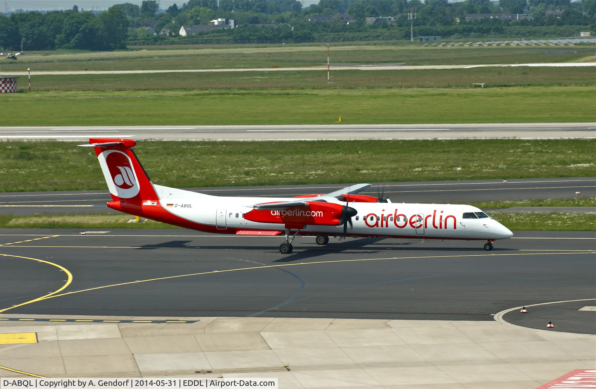 D-ABQL, 2007 Bombardier DHC-8-402 Dash 8 C/N 4184, Luftfahrtgesellschaft Walter (Air Berlin cs.), is here taxiing at Düsseldorf Int'l(EDDL)