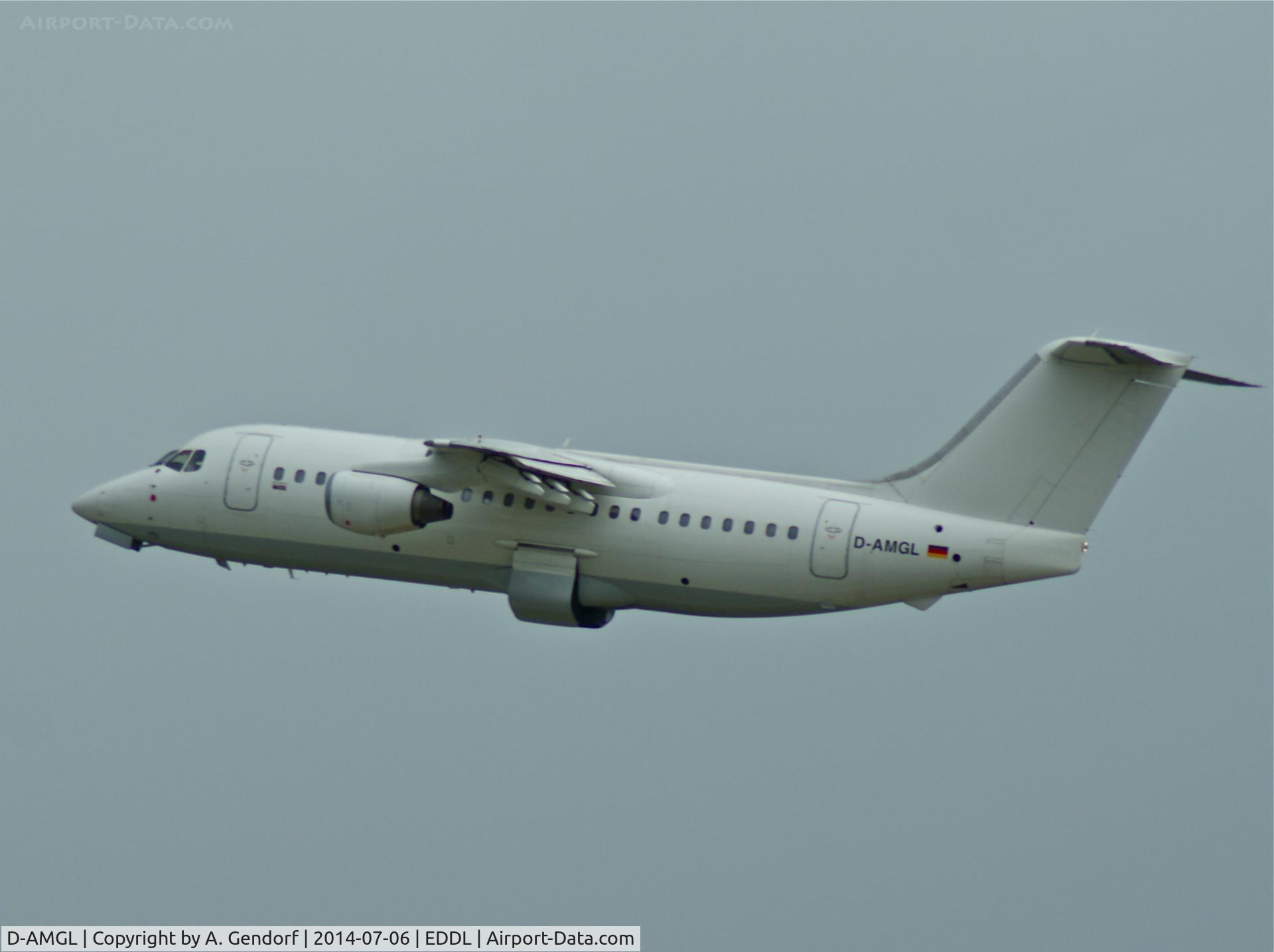 D-AMGL, 1986 British Aerospace BAe.146-200 C/N E2055, WDL Flugdienst (all White), is climbing out at Düsseldorf Int'l(EDDL)