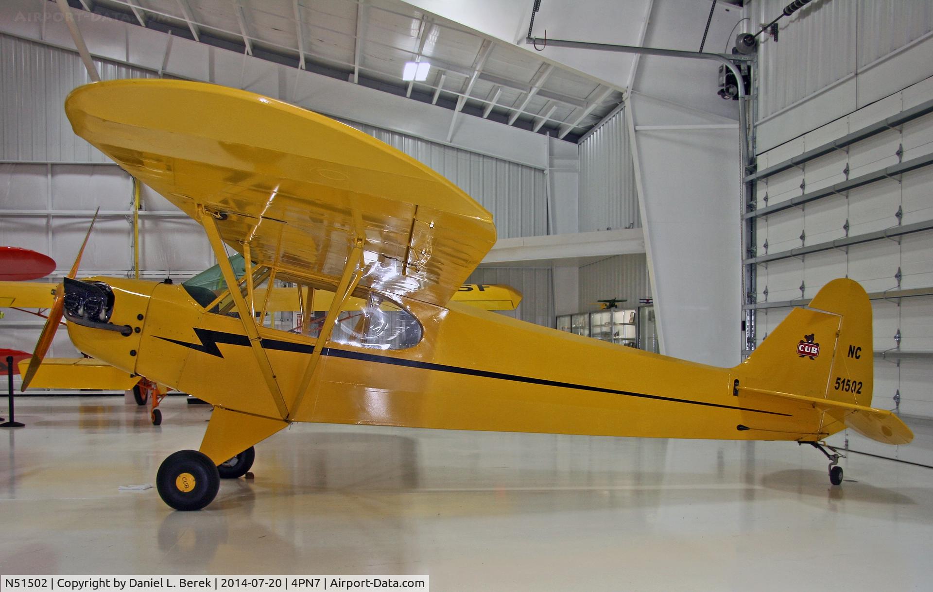 N51502, 1942 Piper J3C-65 Cub Cub C/N 9790, This Piper Cub is now part of the Eagle's Mere Air Museum Collection.  When she's not flying, she is a prominent display in this new museum.