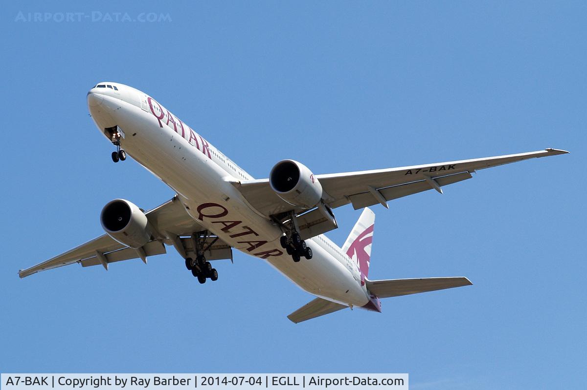 A7-BAK, 2010 Boeing 777-3DZ/ER C/N 36097, Boeing 777-3DZER [36097] (Qatar Airways) Home~G 04/07/2014. On approach 27R.