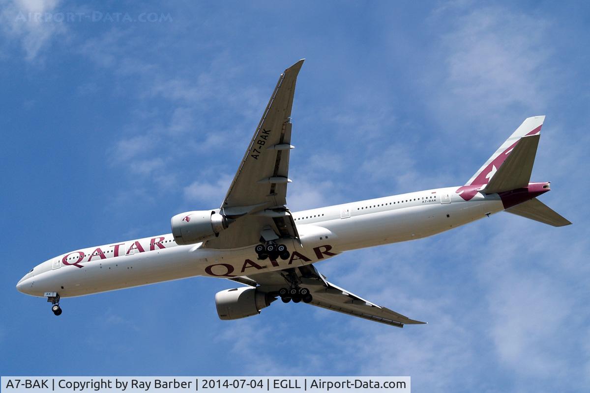 A7-BAK, 2010 Boeing 777-3DZ/ER C/N 36097, Boeing 777-3DZER [36097] (Qatar Airways) Home~G 04/07/2014. On approach 27R.