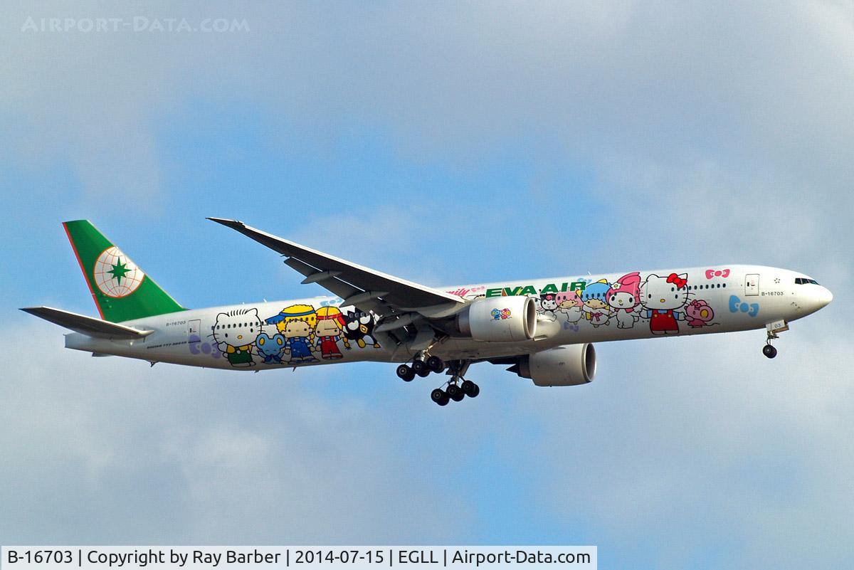 B-16703, 2006 Boeing 777-35E/ER C/N 32643, Boeing 777-35EER [32643] (EVA Airways) Home~G 15/07/2014. On approach 27L. Wears 