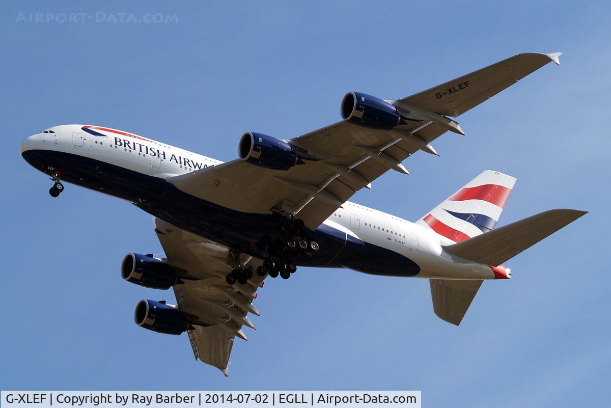 G-XLEF, 2013 Airbus A380-841 C/N 151, Airbus A380-841 [151] (British Airways) Home~G 02/07/2014. On approach 27R.