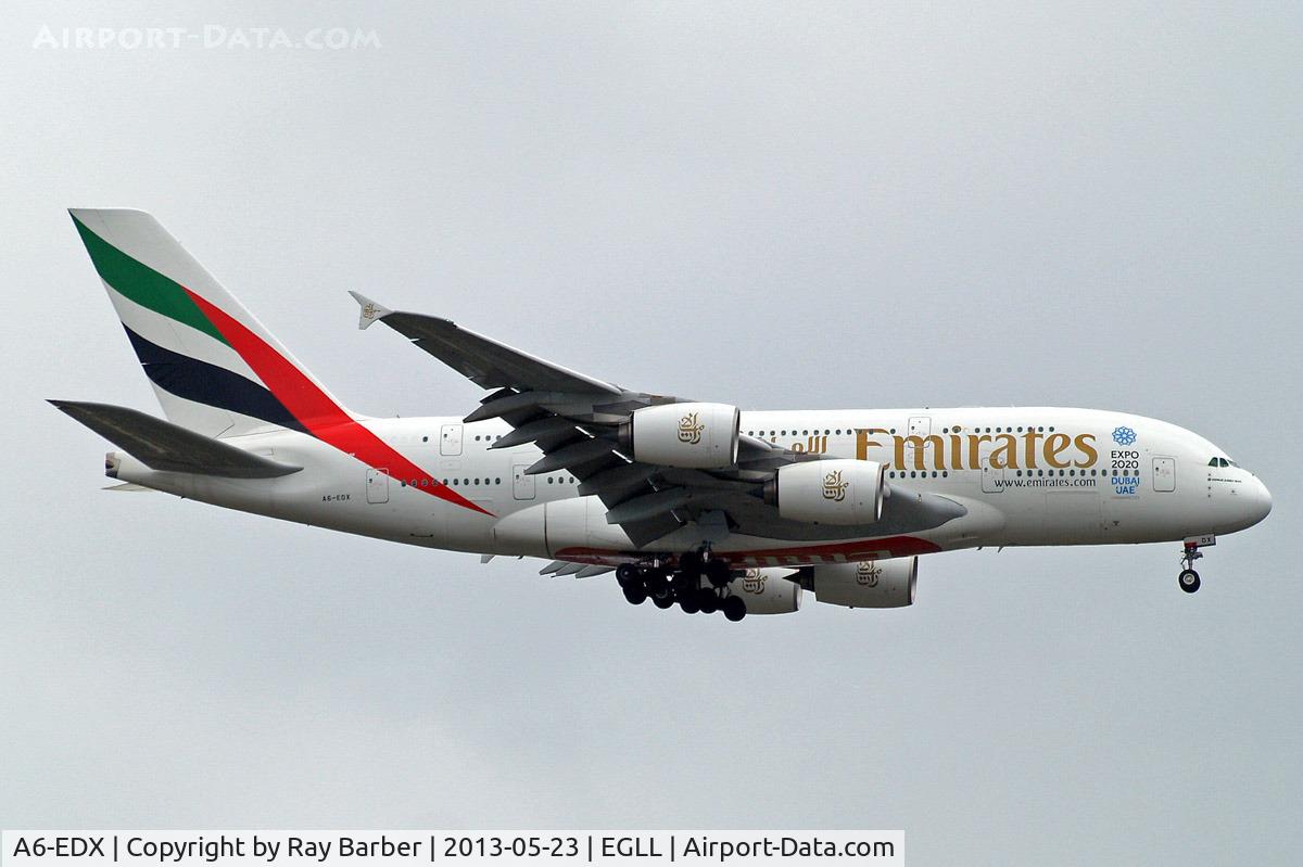 A6-EDX, 2012 Airbus A380-861 C/N 105, Airbus A380-861 [105] (Emirates Airlines) Home~G 23/05/2013. On approach 27L. Now with 