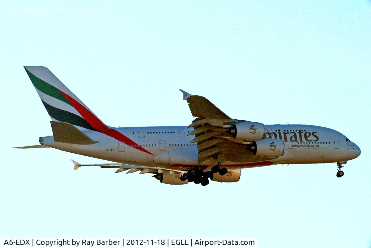 A6-EDX, 2012 Airbus A380-861 C/N 105, Airbus A380-861 [105] (Emirates Airlines) Home~G 18/11/2012. On approach 27L.