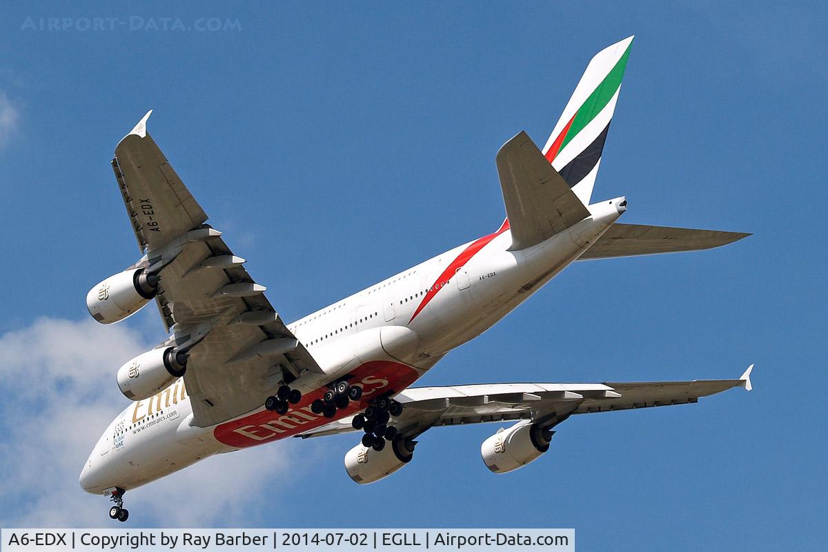 A6-EDX, 2012 Airbus A380-861 C/N 105, Airbus A380-861 [105] (Emirates Airlines) Home~G 02/07/2014 On approach 27R.