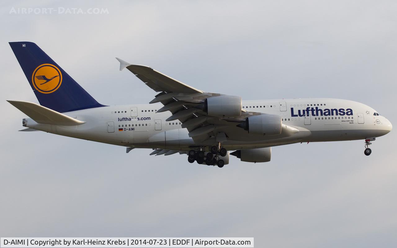 D-AIMI, 2011 Airbus A380-841 C/N 072, on final RWY 07R