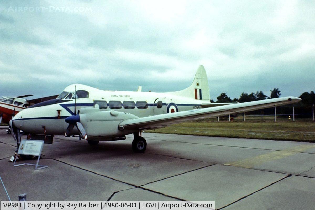 VP981, De Havilland DH-104 Devon C.2 C/N 04205, De Havilland DH.104 Devon C.2 (Royal Air Force) RAF Greenham Common~G 01/06/1980. From a slide.