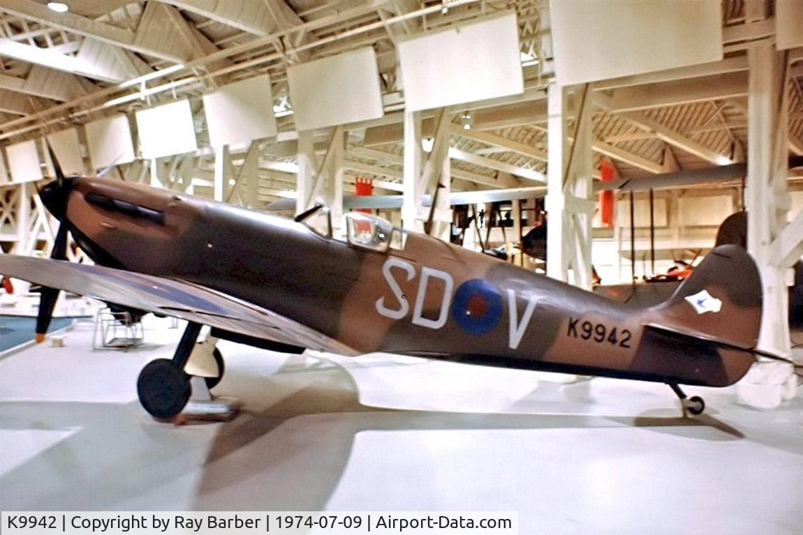 K9942, 1939 Supermarine Spitfire Mk IA C/N 6S/30225, Supermarine Spitfire Mk.Ia [6S/30225] (Royal Air Force) Hendon~G 09/07/1974. From a slide.