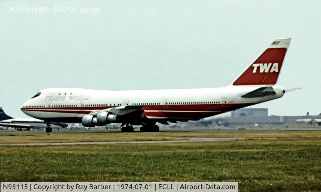 N93115, 1971 Boeing 747-131 C/N 20320, Boeing 747-131 [20320] (Trans World Airlines) Heathrow~G 01/07/1974. Lined up for departure 28L date approximate. From a slide.