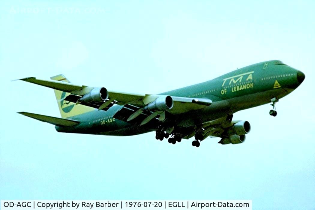 OD-AGC, 1971 Boeing 747-123 C/N 20391, Boeing 747-123F (20391) (Trans Mediterranean Airways) Heathrow~G 20/07/1976. On finals 28R date approximate.