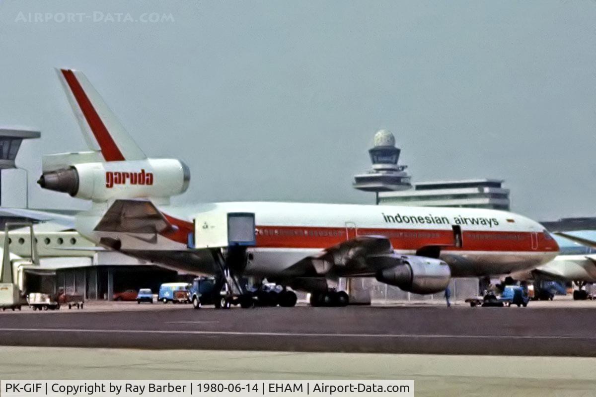 PK-GIF, 1979 Douglas DC-10-30 C/N 46686, McDonnell Douglas DC-10-30 [46686] (Garuda Indonesian Airways) Amsterdam-Schiphol~PH 14/06/1980. From a slide.