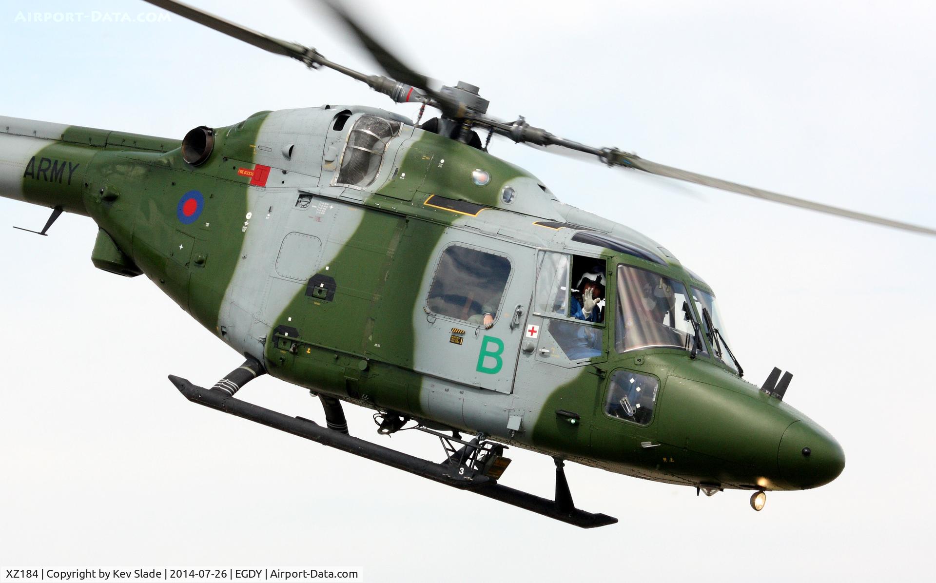 XZ184, 1978 Westland Lynx AH.7 C/N 065, With a cheery wave XZ184 departs Yeovilton.