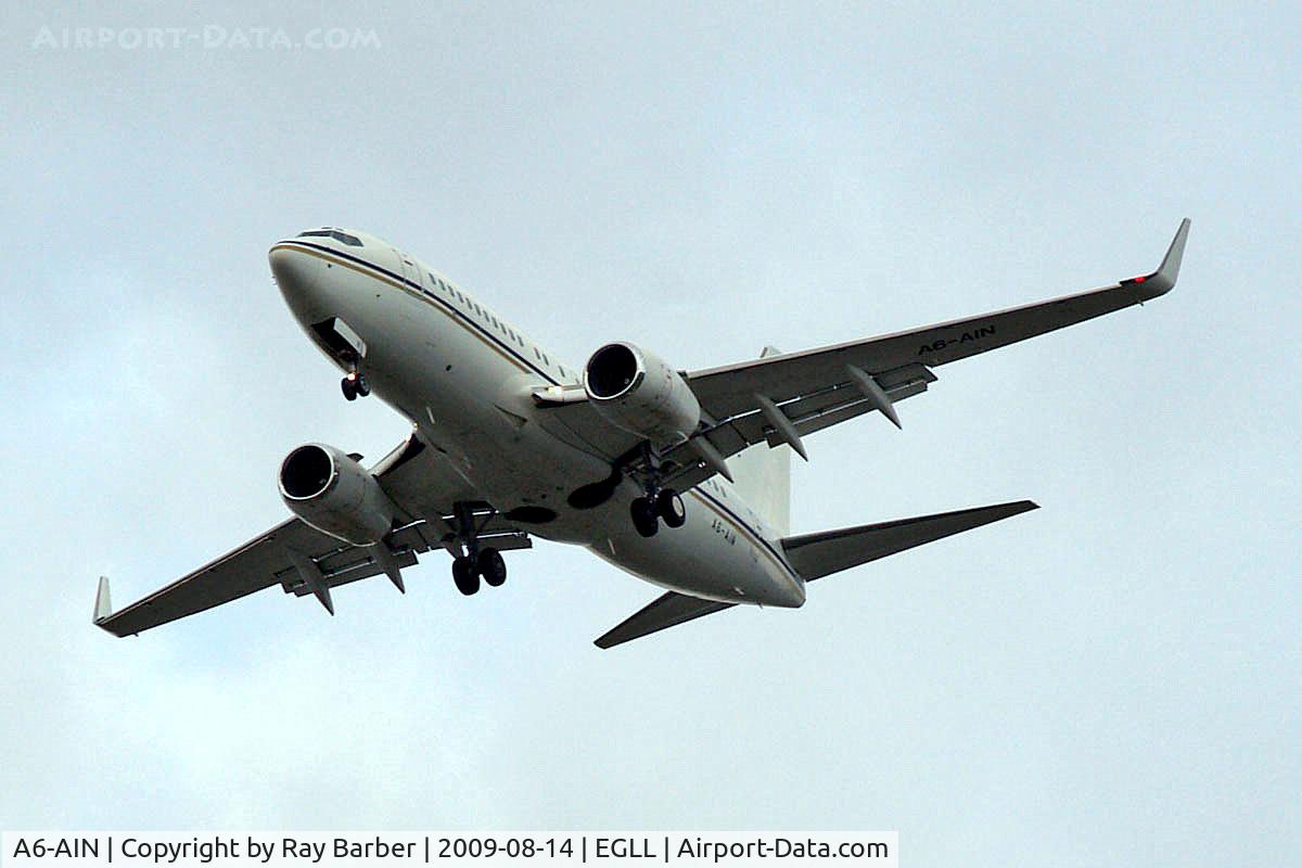 A6-AIN, 1999 Boeing 737-7Z5 BBJ C/N 29268, Boeing 737-7Z5 [29268] (Royal Jet) Home~G 14/08/2009. On approach 27R.