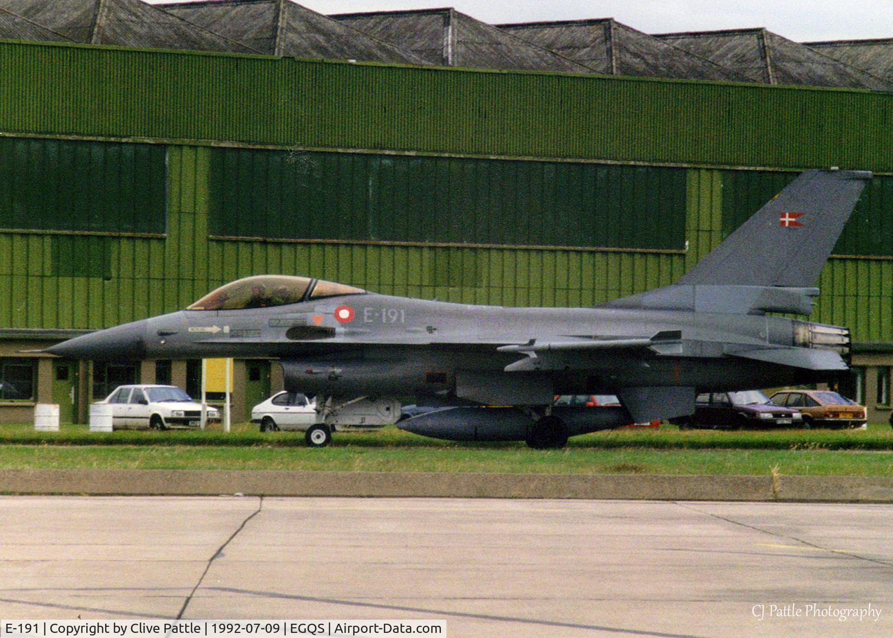 E-191, 1978 SABCA F-16AM Fighting Falcon C/N 6F-18, Scanned from print. Taken whilst on detachment to RAF Lossiemouth in July '92 whilst serving with RDAF Esk 730