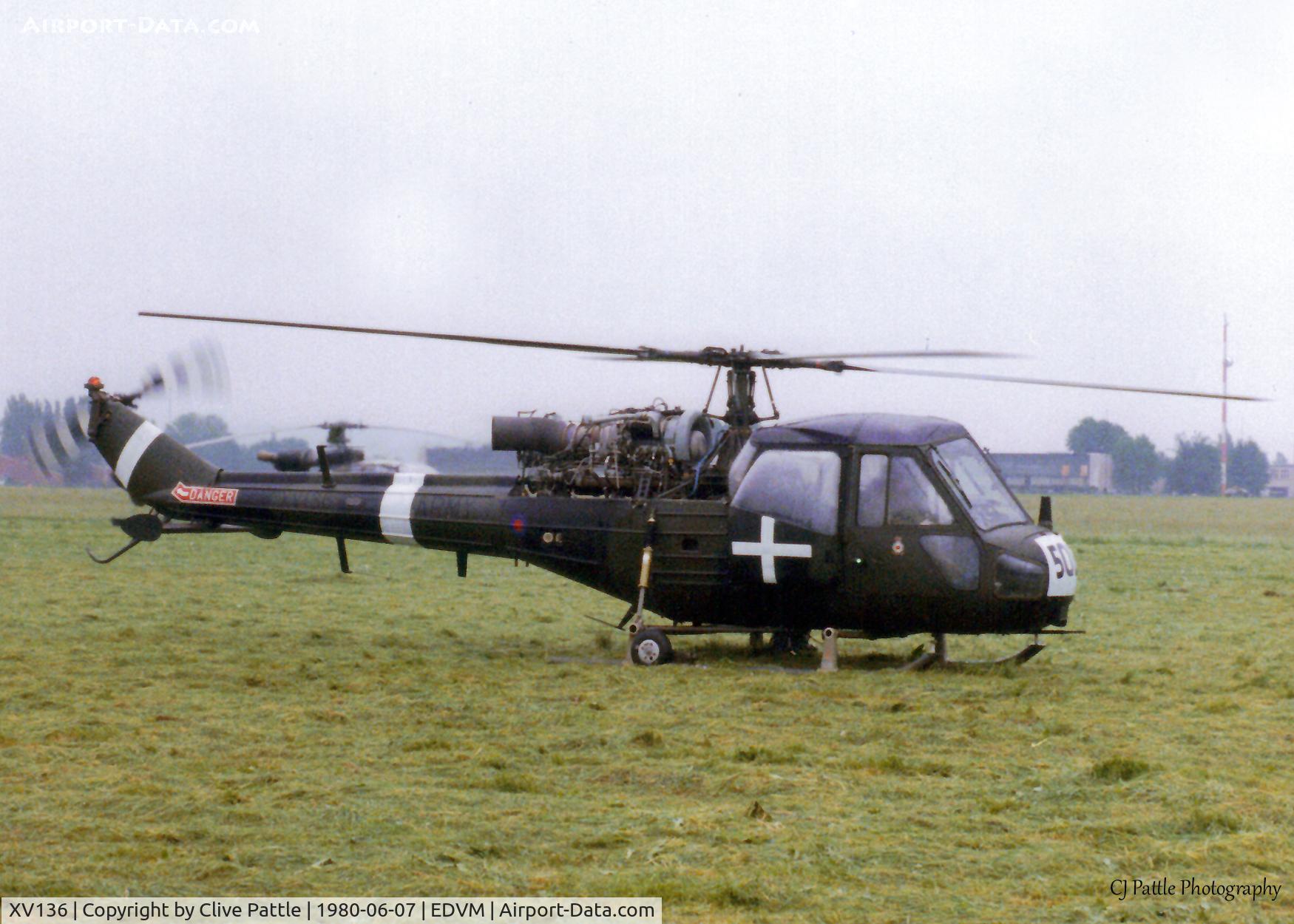 XV136, Westland Scout AH.1 C/N F9711, Scanned from a print. Taken at the then Army Air Corps base at Hildesheim, Germany (EDVM) in June '80 during a large Exercise. The white markings and code '50F' on the nose denote the a/c used by Ex Umpires