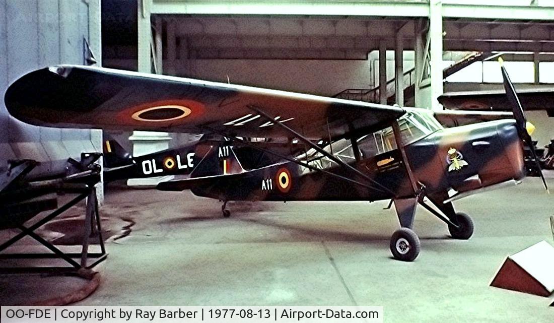 OO-FDE, Auster AOP.6 C/N 2826, Auster AOP.6 [2826] (Belgian Air Force) Brussels Museum~OO 13/08/1977. From a slide.