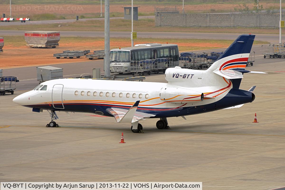 VQ-BYT, 1998 Dassault Falcon 900EX C/N 028, Parked on the tarmac at Hyderabad airport.