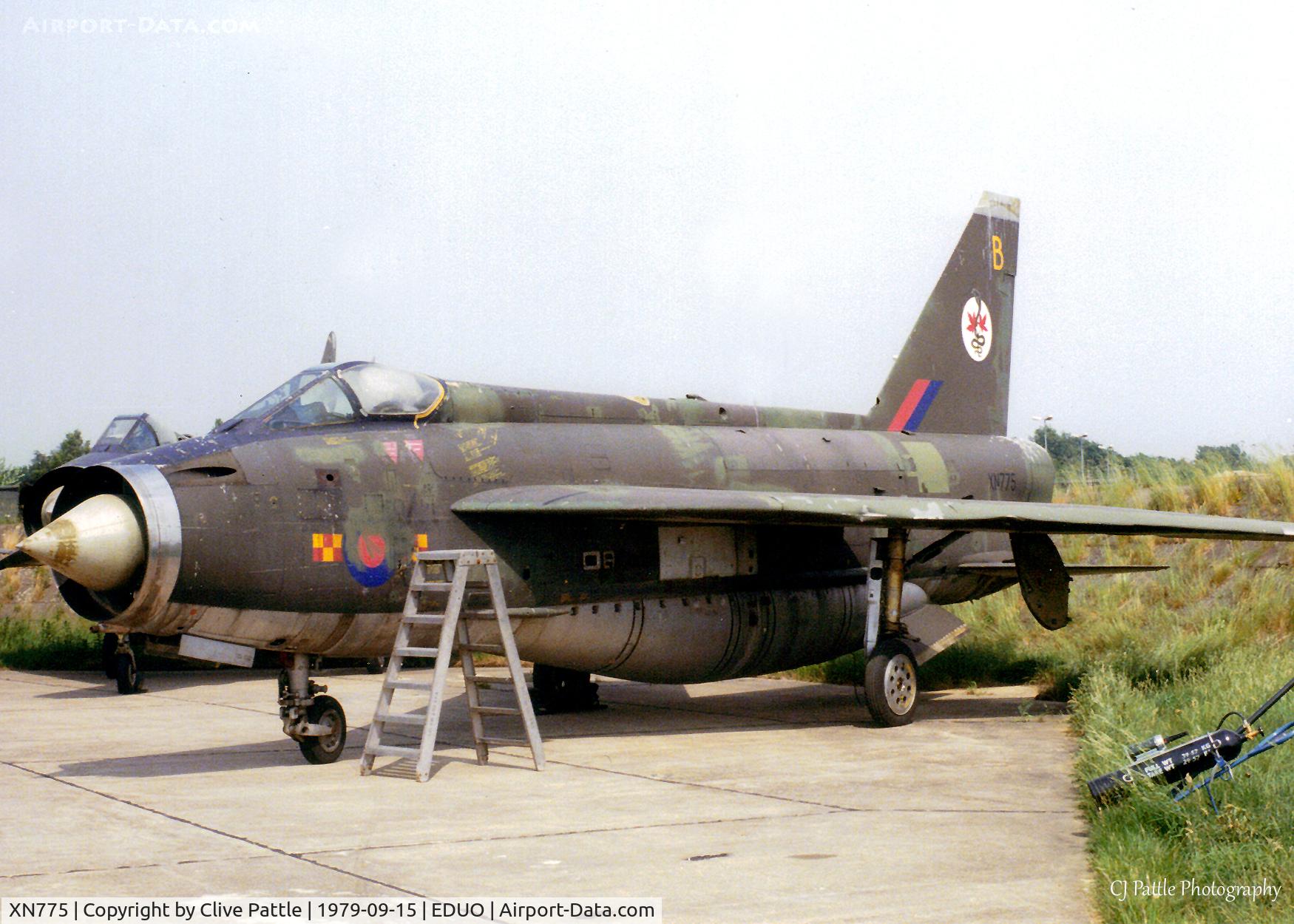 XN775, 1962 English Electric Lightning F.2A C/N 95128, Lightning F.2A coded 'B' of 92 Sqn RAF pictured at RAF Gutersloh EDUO, Germany in September 1979. Used as an airfield decoy. Scanned from a print.
