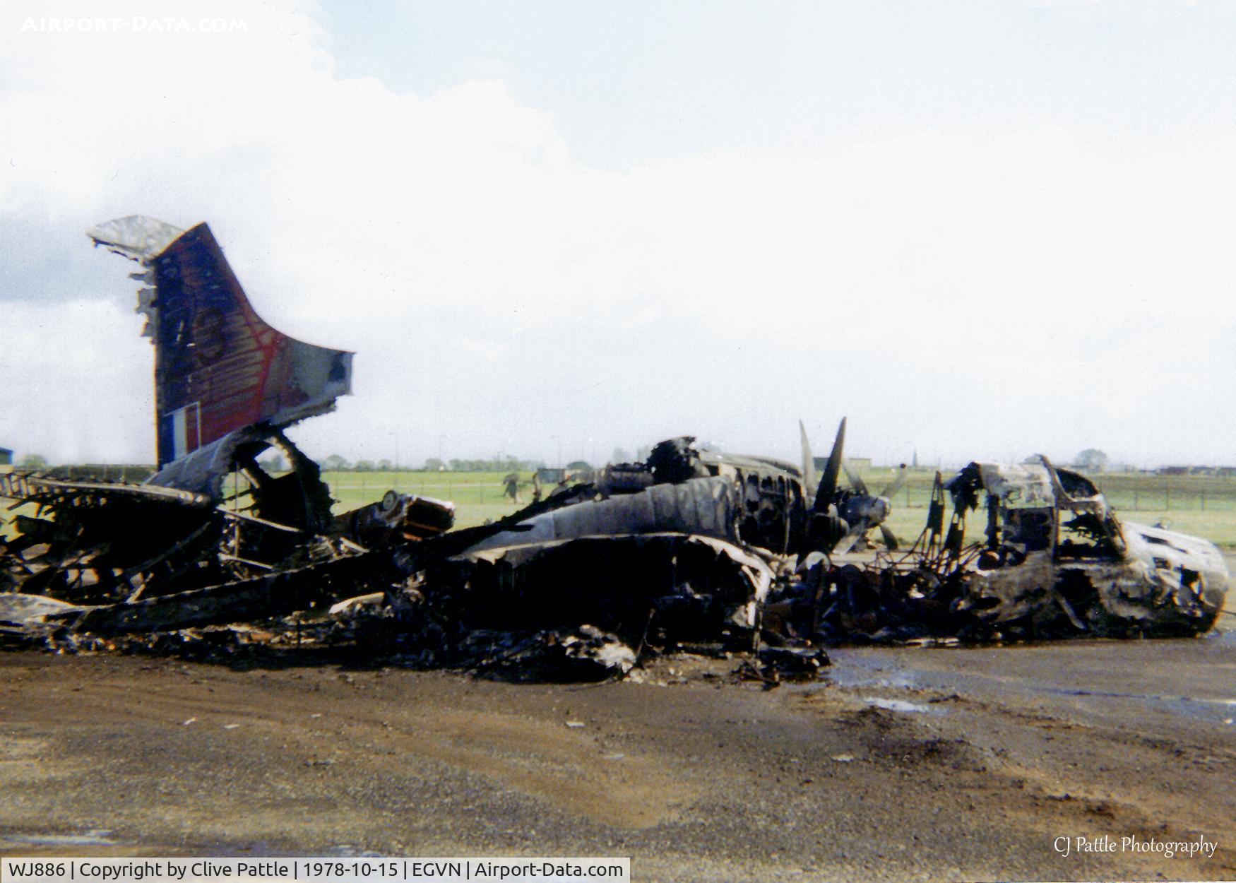 WJ886, 1953 Vickers Varsity T.1 C/N Not found WJ886, Scanned from print, the remains of Varsity T.1 WJ886/23 pictured on the fire dump at RAF Brize Norton in October 1978