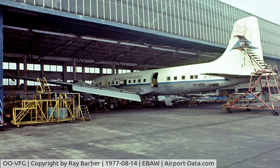 OO-VFG, 1956 Douglas DC-6B C/N 45077, Douglas DC-6B [45077] (DAT-Delta Air Transport) Antwerp-Deurne~OO  14/08/1977. From a slide.
