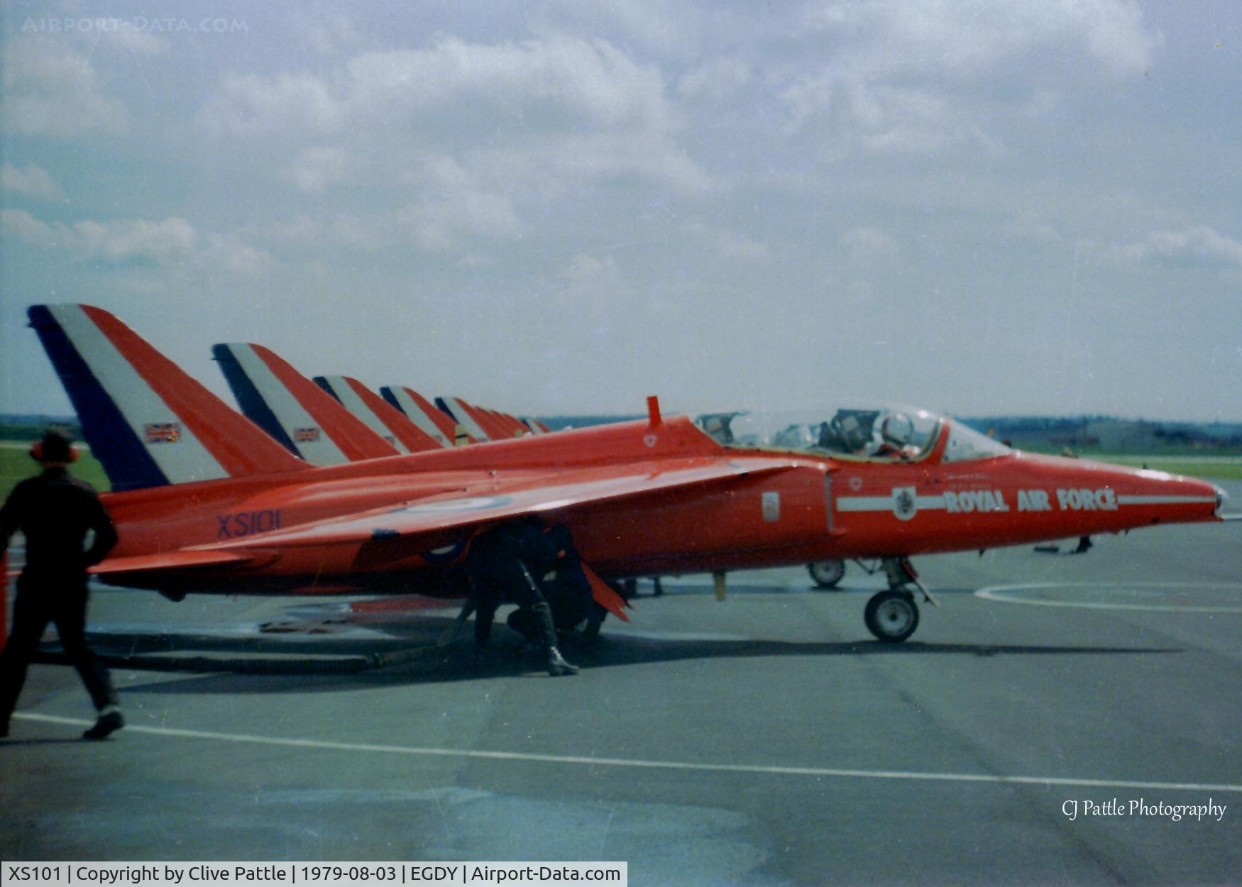 XS101, 1964 Hawker Siddeley Gnat T.1 C/N FL595, Scanned from print, apols for poor quality - the Red Arrows line-up at the RNAS Yeovilton Air Day in 1979 with XS101 nearest the camera