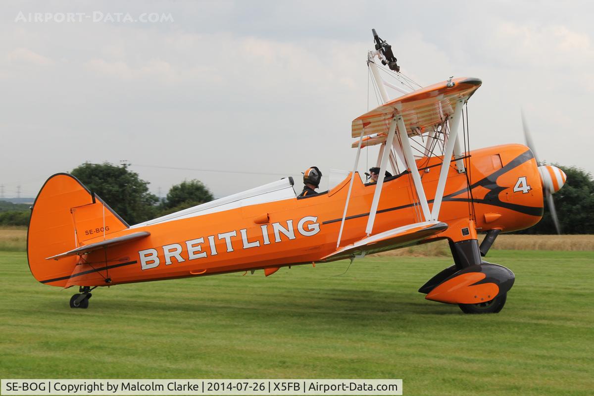 SE-BOG, 1942 Boeing N2S-3 Kaydet (B75N1) C/N 75-7128, Boeing B75N-1 Stearman prior to a wing walking performance at the 2014 Sunderland Air Show. Fishburn Airfield, July 2014.
