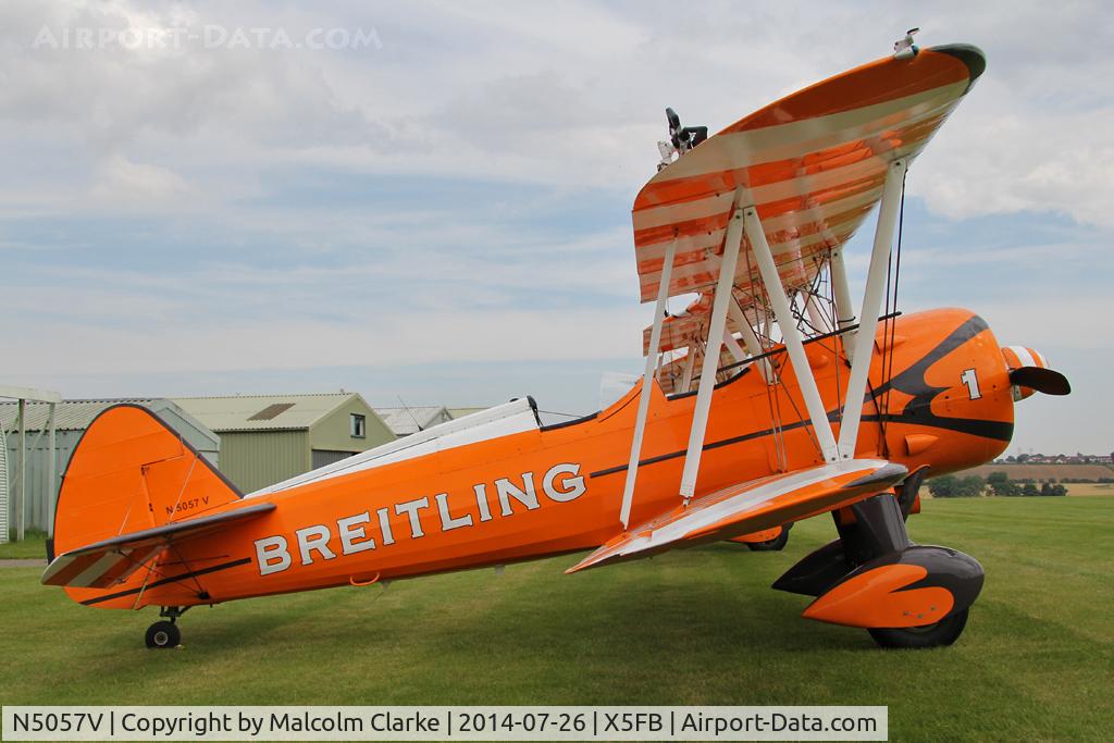 N5057V, 1942 Boeing A75N1(PT17) C/N 75-5598, Boeing B75N-1 Stearman prior to a wing walking performance at the 2014 Sunderland Air Show. Fishburn Airfield, July 2014.