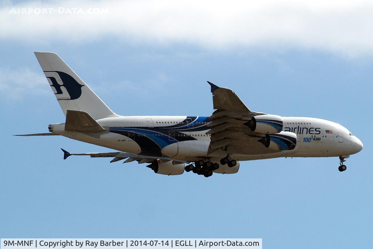 9M-MNF, 2012 Airbus A380-841 C/N 114, Airbus A380-841 [114] (Malaysia Airlines) Home~G 14/07/2014. On approach 27L.