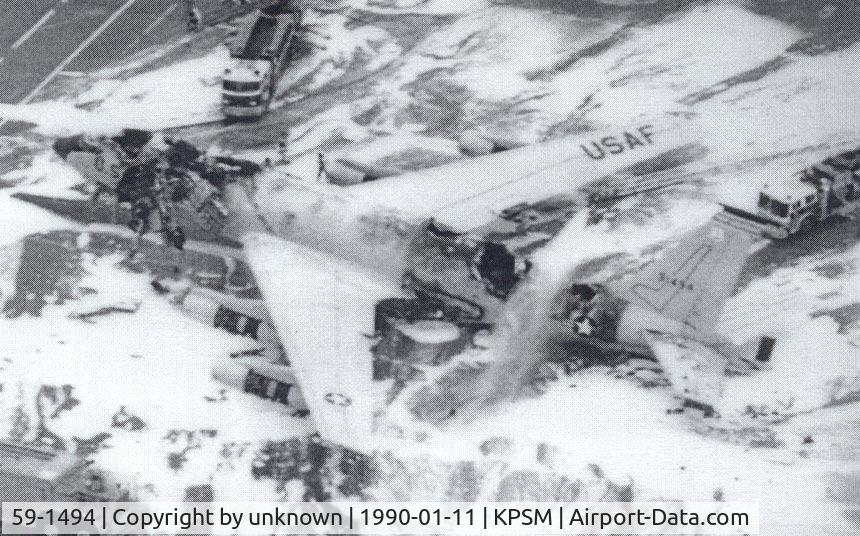 59-1494, 1959 Boeing KC-135E Stratotanker C/N 17982, KC-135E 59-1494 was destroyed by a ground servicing fire on 11 Jan 1990 on the ramp at Pease AFB, NH.  The aircraft was assigned to the 157th ARG, NH ANG at the time.