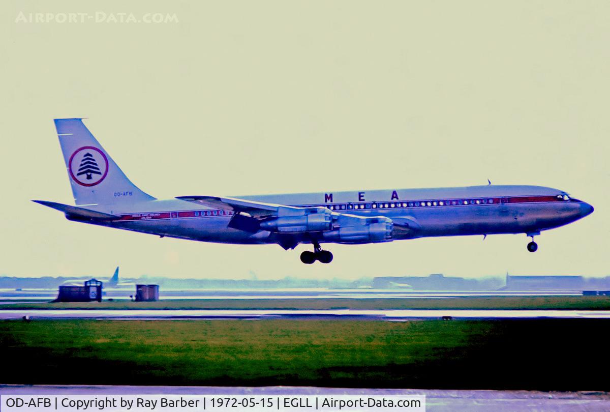 OD-AFB, Boeing 707 C/N not found, Boeing 707-384C [20224] (MEA Middle East Airlines) Heathrow~G 15/05/1972 Landing 28R Not the best of colouring. Date approximate. From a slide.