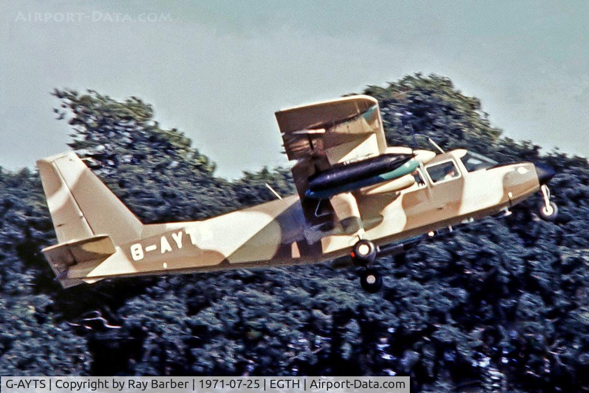 G-AYTS, 1971 Britten-Norman BN-2A-7 Islander C/N 235, G-AYTS   Britten-Norman BN-2 A-3 Defender [0235] (Britten-Norman) Old Warden~G 25/07/1971. From a slide.