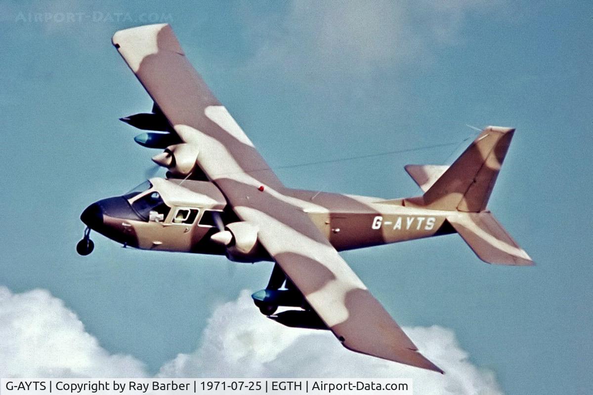 G-AYTS, 1971 Britten-Norman BN-2A-7 Islander C/N 235, G-AYTS   Britten-Norman BN-2 A-3 Defender [0235] (Britten-Norman) Old Warden~G 25/07/1971. From a slide.