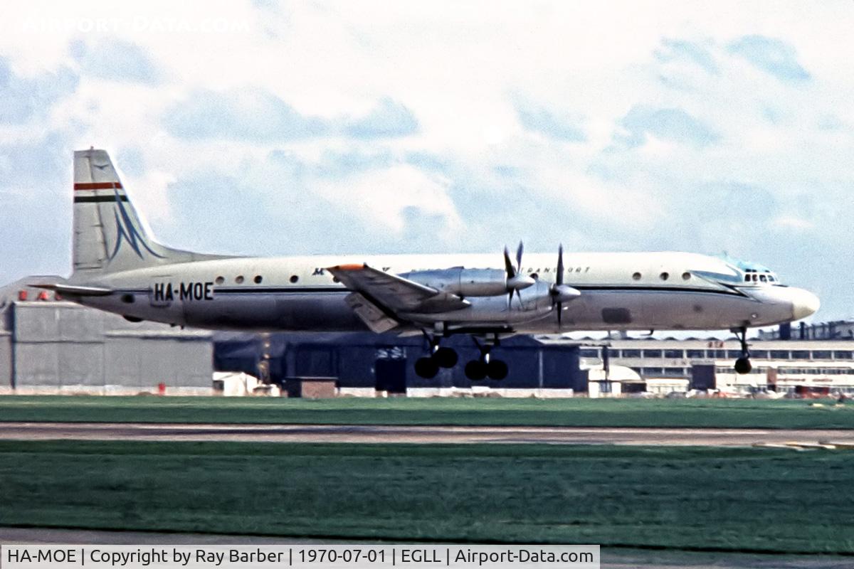HA-MOE, 1962 Ilyushin IL-18V C/N 182005505, Ilyushin Il-18V [182005505] (Malev- Hungarian Airlines) Heathrow ~G 01/07/1970. About to touch down 28R. Date approximate. From a slide.