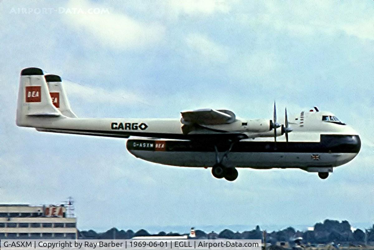 G-ASXM, 1965 Armstrong Whitworth AW650 Argosy 222 C/N 6801, Armstrong-Whitworth Argosy 222 [6801] (BEA British European Airways) Heathrow~G 01/06/1969. Finals 28R date approximate. From a slide.