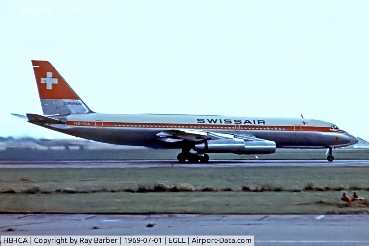 HB-ICA, 1962 Convair CV-990-30A-6 Coronado C/N 30-10-7, Convair 990 30A-6 Coronado [30-10-07] (Swissair) Heathrow~G 01/07/1969. Departing 28R. Date approximate. From a slide.