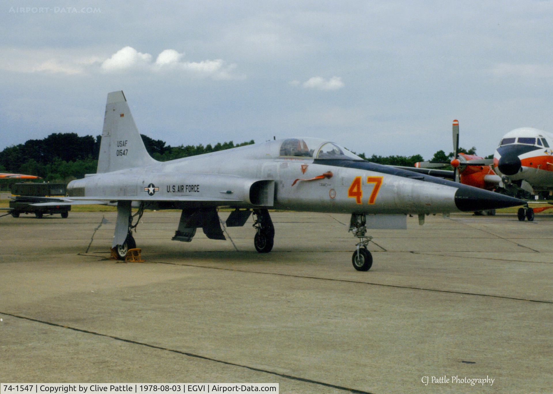 74-1547, 1974 Northrop F-5E Tiger II C/N R.1205, Scanned from print. F-5E Tiger II 01547 of USAF 527th AS/10th TRW then based at RAF Alconbury, UK seen on static display at the IAT Greenham Common (EGVI) in May 1979. Behind is Andover E.3 XS605