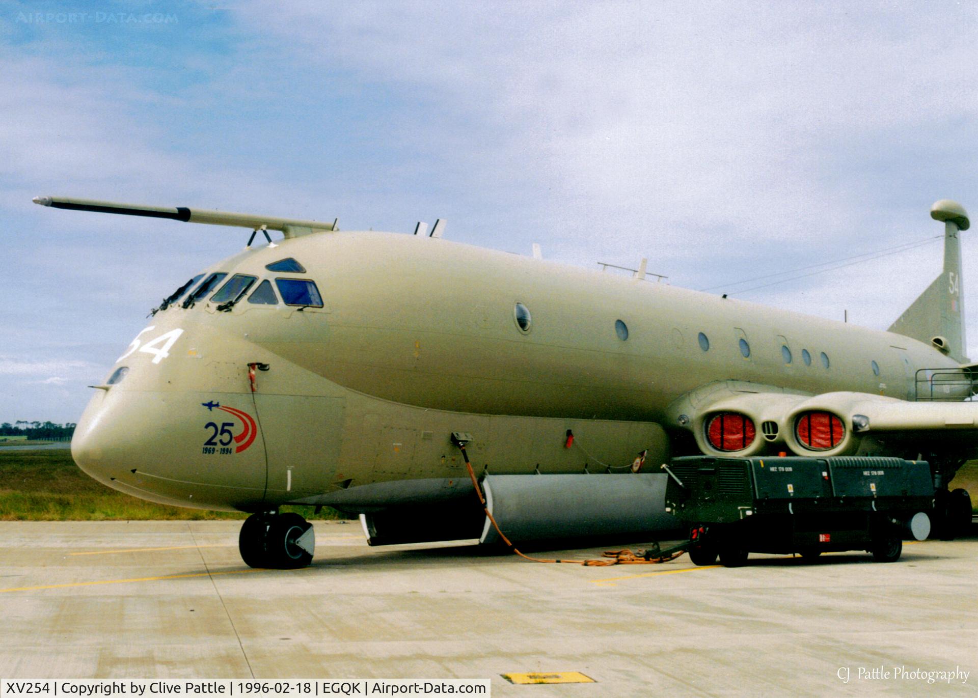 XV254, Hawker Siddeley Nimrod MR.2 C/N 8029, Scanned from print. Nimrod MR.2 XV254 of Kinloss Maritime Wing on the apron at EGQK Feb 1996. n.b Anniversary Special Markings on nose.