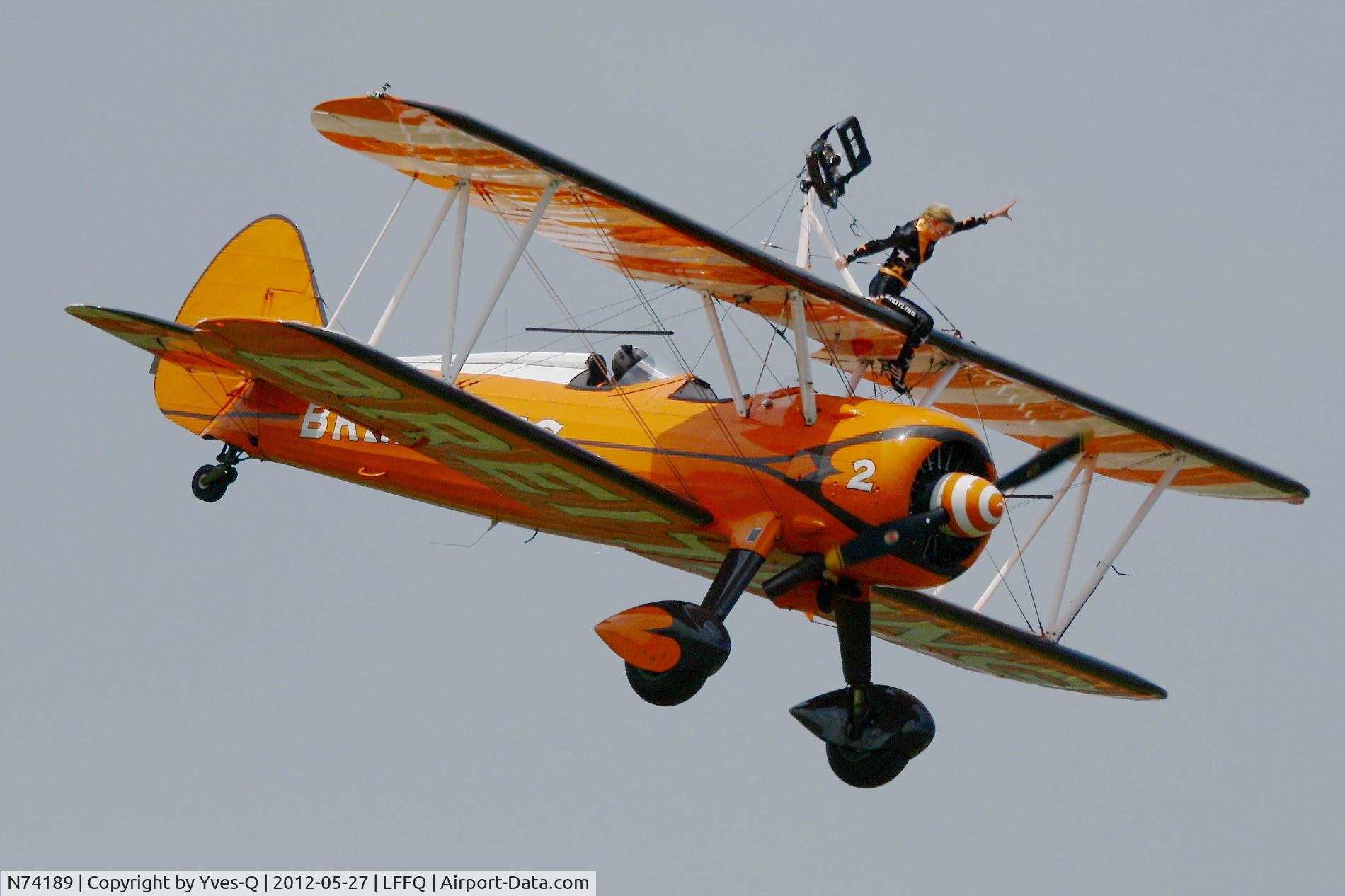 N74189, 1941 Boeing PT-17/R985 Kaydet (A75N1) C/N 75-717, Breitling (AeroSuperBatics)  Boeing Stearman PT17 , La Ferté Alais Airfield (LFFQ) Air Show (Le Temps Des Hélices) in may 2012