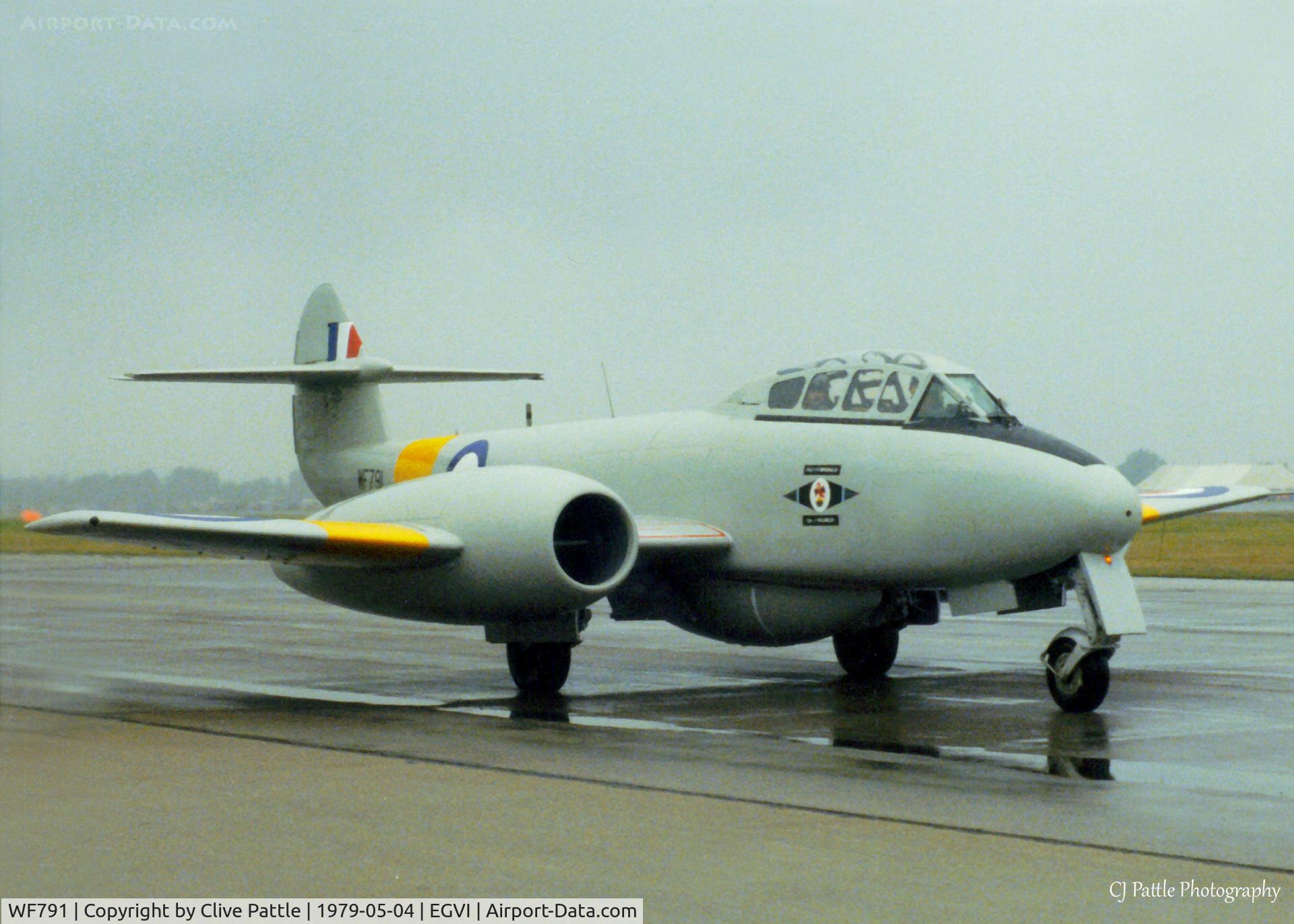 WF791, 1951 Gloster Meteor T.7 C/N 15658, Scanned from print. Meteor T.7 WF791 taxies in IAT Greenham Common '79