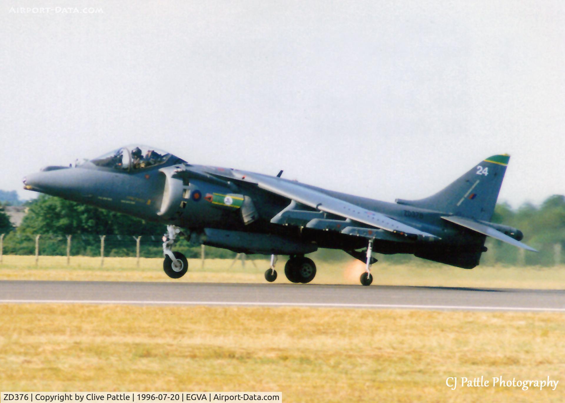 ZD376, 1988 British Aerospace Harrier GR.7A C/N P24, Scanned from print, Harrier GR.7A ZD376 coded '24' of 3 Sqn RAF pictured at the RIAT Fairford, July 1996.