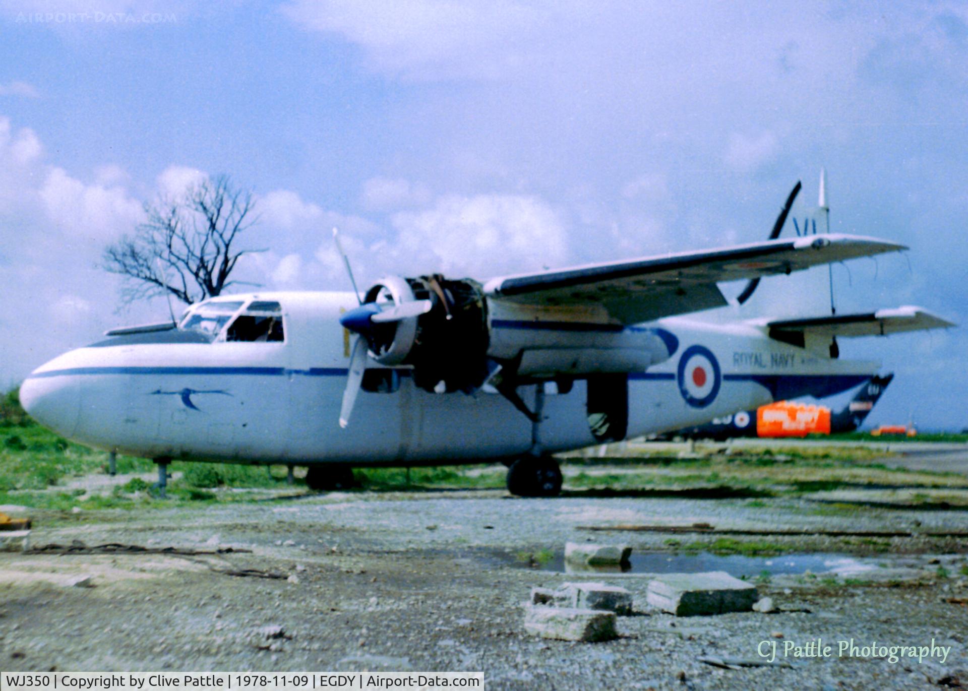 WJ350, 1953 Percival P-57 Sea Prince C2 C/N PAC/57/74, Scanned from print. Percival Sea Prince C.2 WJ350 languishing on the dump at RNAS Yeovilton in Nov '78, Wessex HAS.1 XS889 in rear.