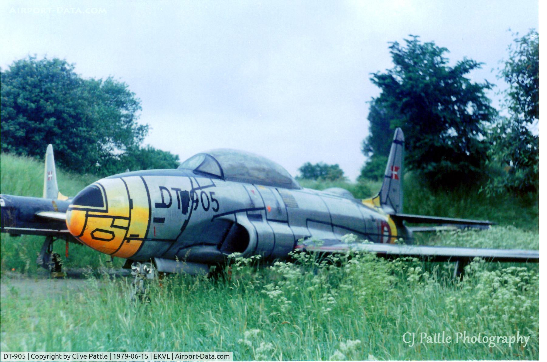 DT-905, 1951 Lockheed T-33A Shooting Star C/N 580-6689, Scanned from print. Ex RDAF T-33A DT-905 pictured in open storage at Vaerlose, Denmark (EKVL) in June 1979.