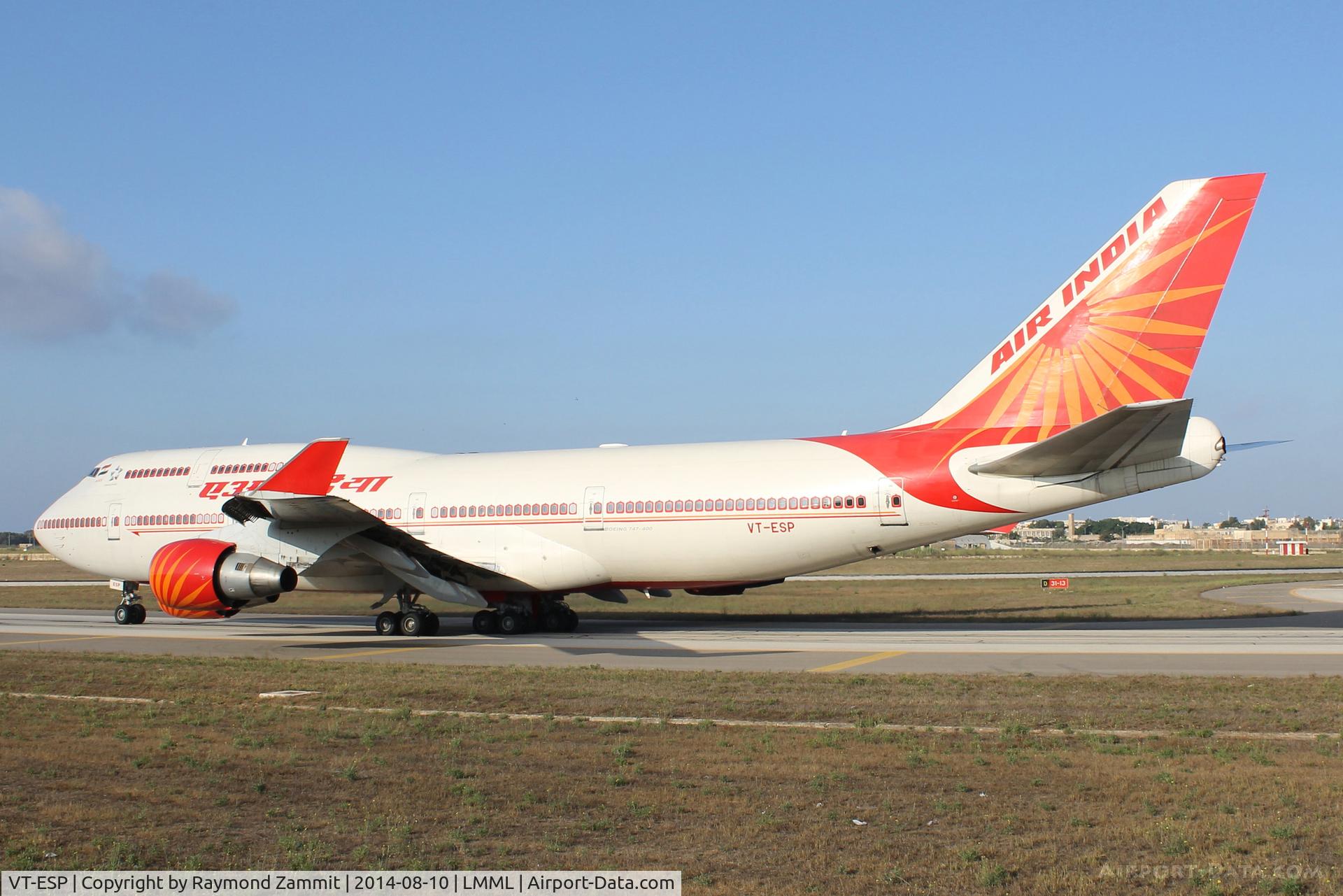 VT-ESP, 1994 Boeing 747-437 C/N 27214, B747 VT-ESP of Air India taxying out for departure RW31 Malta International Airport.