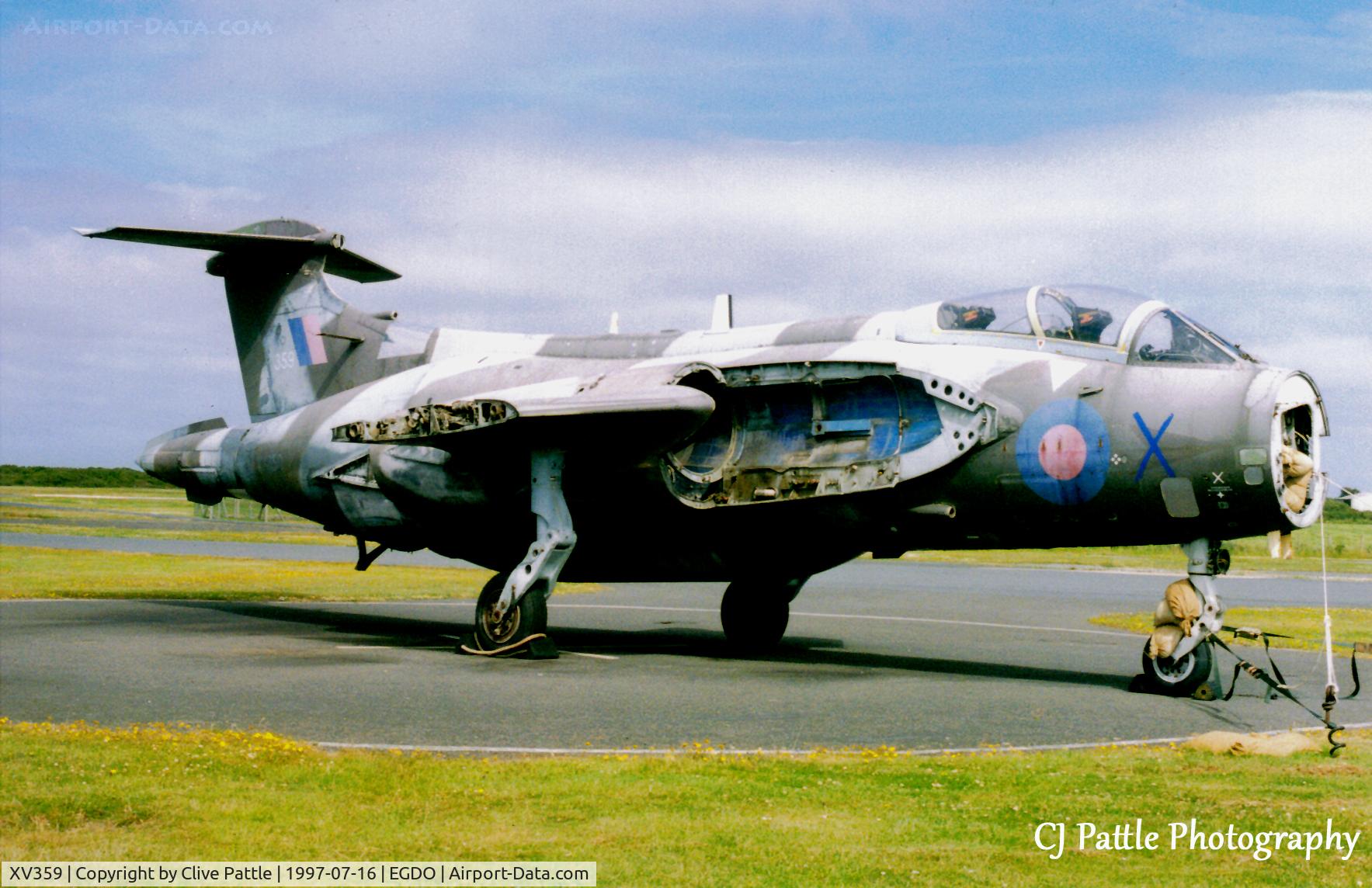 XV359, 1968 Hawker Siddeley Buccaneer S.2B C/N B3-09-67, Scanned from print. Buccanear S.2B XV359 in a dilapidated state at the fire training area at RNAS Predannack, Cornwall (EGDO) in Jul '97