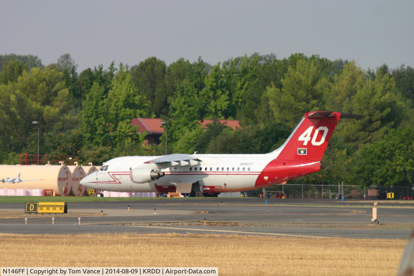 N146FF, 1986 British Aerospace BAe.146-200A C/N E2049, at the Redding tanker base during Summer 2014 with multiple fires burning in Northern Ca.
