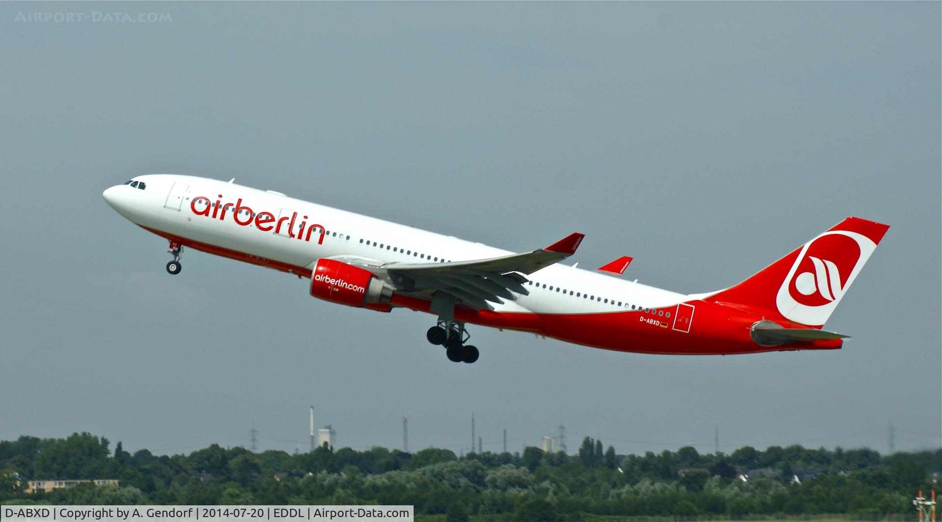 D-ABXD, 2007 Airbus A330-243 C/N 822, Air Berlin, is here climbing out Düsseldorf Int'l(EDDL), bound for Hurghada(HEGN)